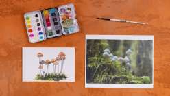 An overhead image of a photograph of mushrooms next to a monoprinted version of the same image plus a watercolor palette and a brush.