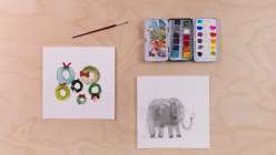 Two images, one of a collection of watercolored wreathes and one of a watercolored elephant, both from Maria Carluccio's Celebrate the Season Daily Holiday Painting Practice class on Creativebug.