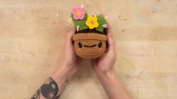 A pair of hands holding a stuffed crocheted flower pot from Vincent Green-Hite's Crochet an Amigurumi Potted Cactus Creativebug class