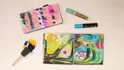 Two sketchbooks featuring colorful abstract paintings from Abby Houston's Abstract Art Making Daily Practice class on Creativebug