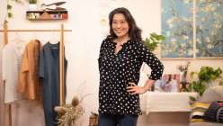 Sanae Ishida wearing a black and white tunic on the set of her Draft and Sew a Banded Collar Dress and Button-Down class on Creativebug