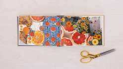An overhead image of a two-page book spread featuring collage and drawn images of grapefruit and citrus from Creativebug's Altered Books Daily Practice class
