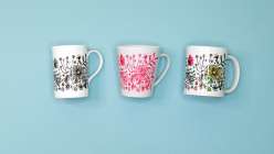 Three mugs with decorative design made in the Creativebug class Professional Illustration 101 taught by Maria Carluccio