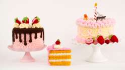 A trio of crocheted cakes from Twinkie Chan's Crochet Cakery Daily Practice class on Creativebug