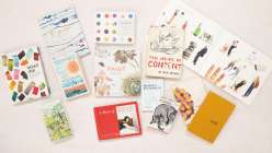 A selection of reference books and art materials from Courtney Cerruti's Creativebug class Find Your Creative Rhythm: 15 Ways to Spark & Sustain Art Making.