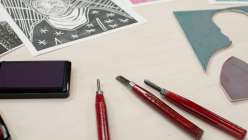 The carving tools used by Sarah Matthews in her Carve and Print a Multi-Block Relief Portrait class on Creativebug.