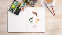 A painting of four birds painted by Mariko Jesse, in Creativebug's Mixtape: 7 Ways to Paint and Draw Birds class.