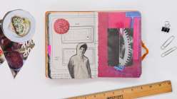 A colorful junk journal spread made by Faith Hale in her Junk Journaling Daily Practice class on Creativebug.