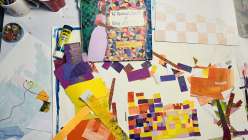 Colorful cut paper assembled into a collaged quilt by Constance Moore in her live Creativebug event 