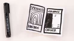A black and white single-sheet zine made by Risa Iwisaki Culbertson in her Big Feelings, Small Drawings: Make a Zine class on Creativebug