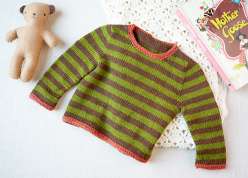 Gudrun Johnston teaches you to make this adorable striped toddler sweater knitting project. This is a seamless quick knit sweater with a striped or solid yarn color with a contrasting hem and cuff, worked up in worsted weight yarn.